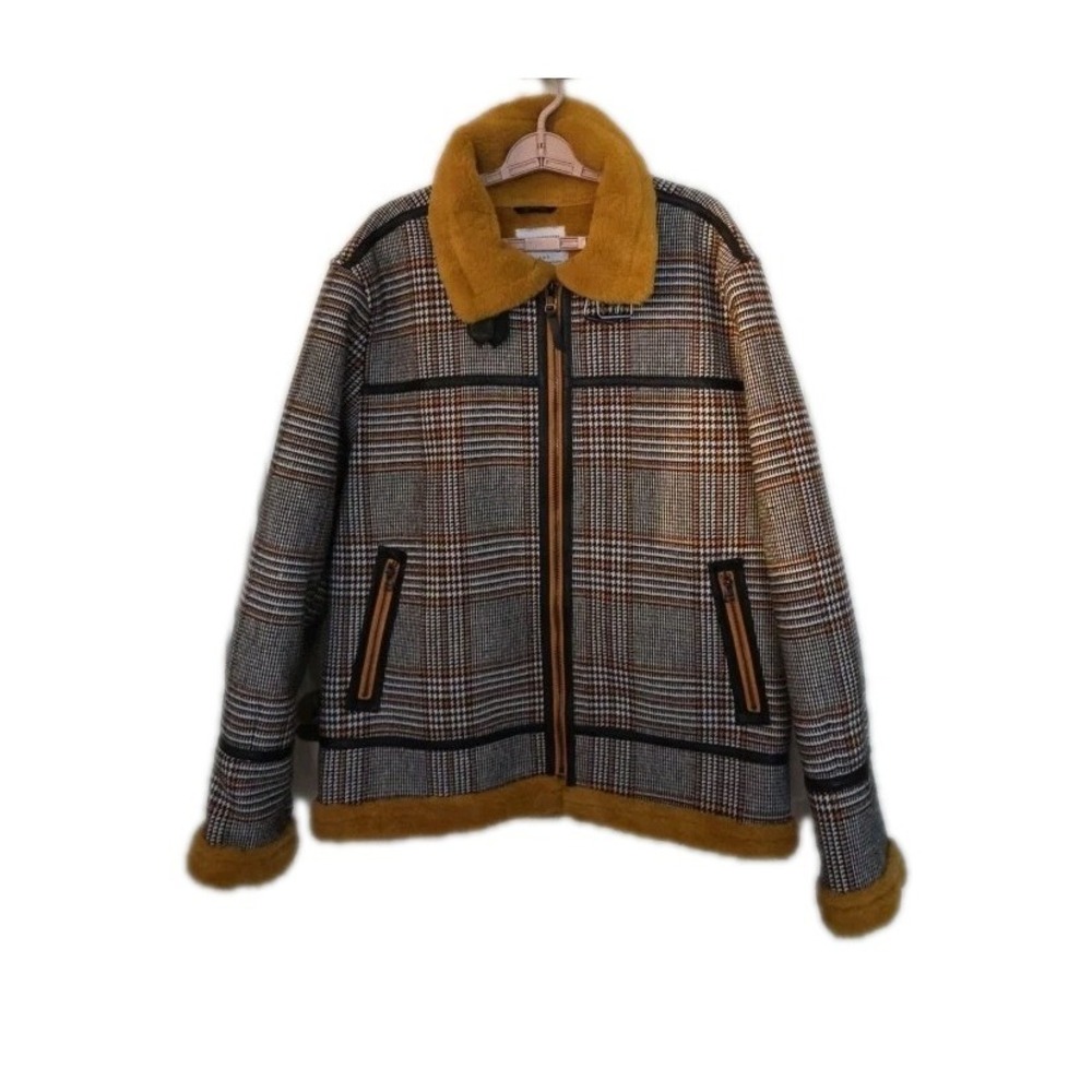 URBAN OUTFITTERS WOMEN XL‎ Hounds tooth Plaid Jacket SHERPA YELLOW LINED BELT